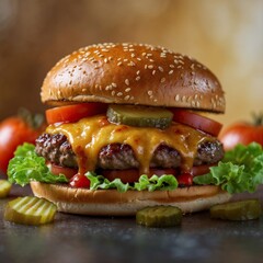 Juicy Cheeseburger with Melted Cheese and Fresh Toppings on Golden Background