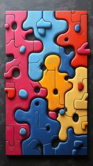 Colorful, interlocking puzzle pieces form a playful and textured composition against gray backdrop