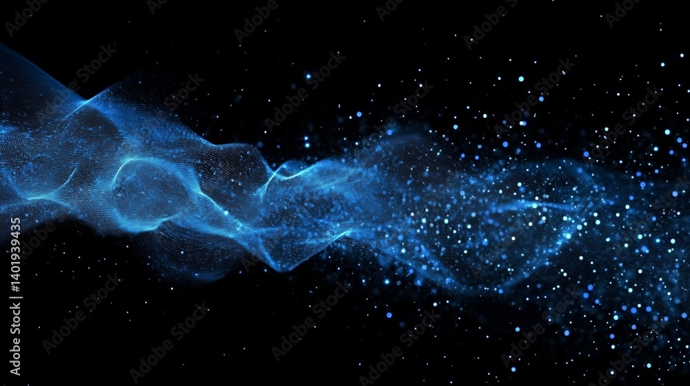 Poster abstract blue digital particles wave with dots and lines on black background for technology and ai c