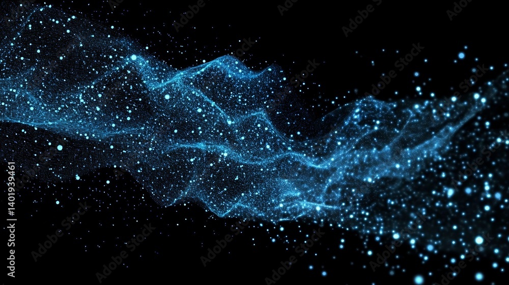 Poster abstract blue digital particles wave with dots and lines on black background for technology and ai c