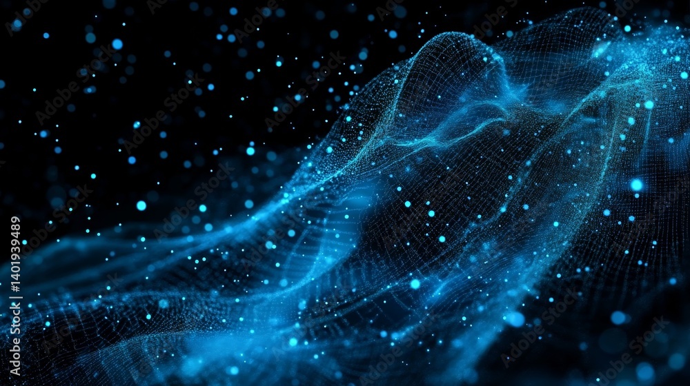 Poster abstract blue digital particles wave with dots and lines on black background for technology and ai c