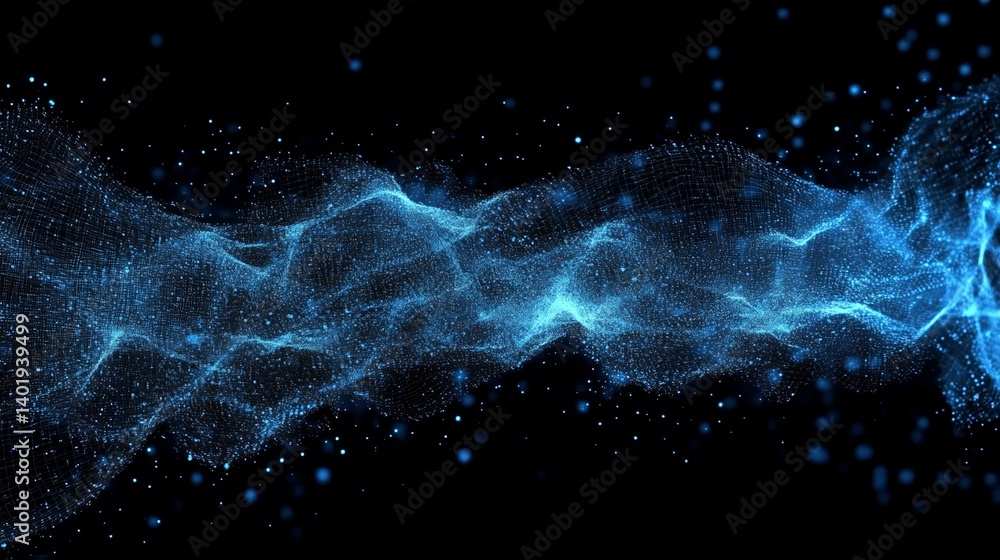 Poster abstract blue digital particles wave with dots and lines on black background for technology and ai c