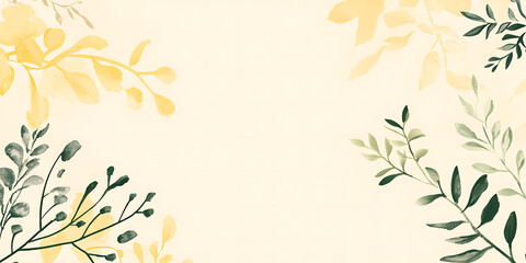 Elegant watercolor floral frame with green and yellow leaves on a light yellow background. Perfect for wedding invitations, greeting cards, or any design project needing a touch of natural beauty.