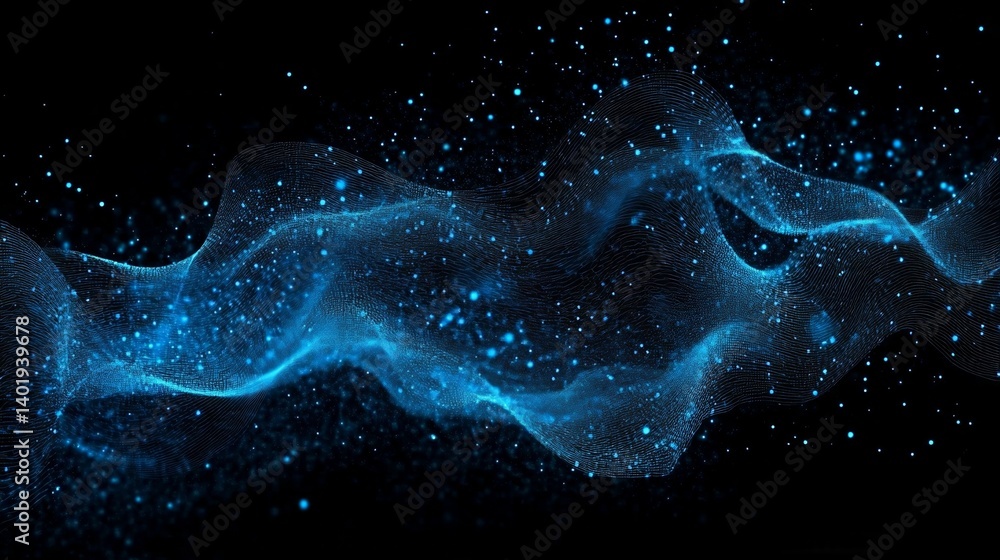 Poster abstract blue digital particles wave with dots and lines on black background for technology and ai c