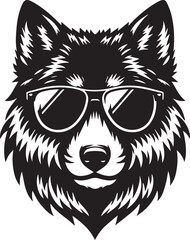 Obraz premium wolf head and sunglass vector illustration, wolf head and sunglass silhouette vector, wolf logo vector black on white background