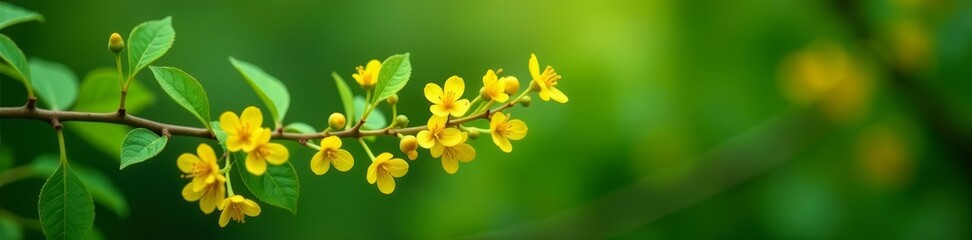Fototapeta premium Fresh green leaves and delicate yellow flowers on berberis ottawensis superba branch, yellow, green, berberis