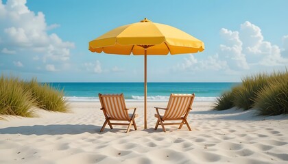 Sunny Beach Retreat: Two wooden beach chairs sit beneath a vibrant yellow umbrella on a pristine white sandy beach, with gentle turquoise waves meeting the shore under a bright blue sky dotted