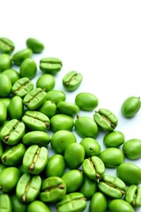 Row of green coffee beans on white background , natural, white background