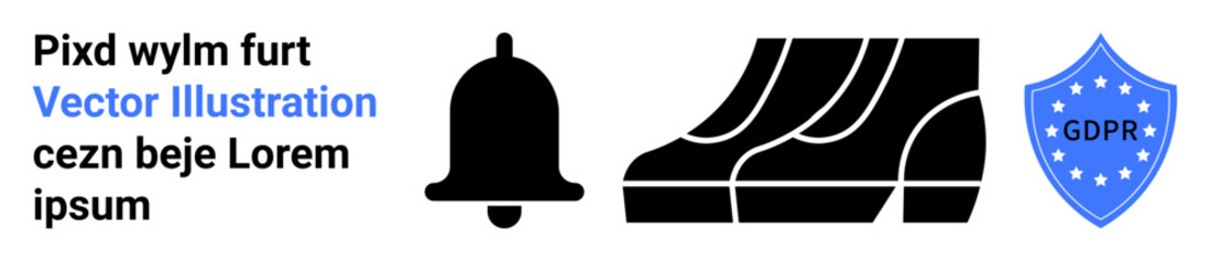 Notification bell, shield with GDPR text, and workflow imagery. Ideal for data privacy, cybersecurity, notifications, compliance, business processes, online policies flat landing page banner