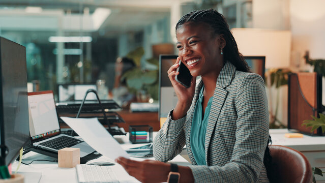 Documents, phone call and smile of business black woman in office for administration or update. Conversation, feedback and review with happy African employee in professional workplace for negotiation