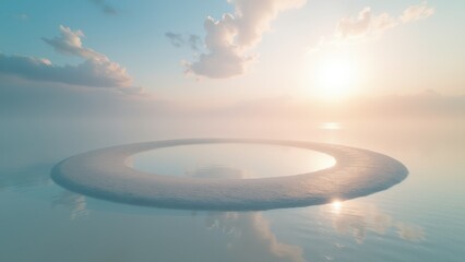Empty sandy beach with gentle waves and pastel sunset light over the ocean	