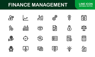 Modern Finance Management Icon Set Vector Illustration. Featuring Essential Symbols for Budgeting, Investments, and Financial Planning for Professional Designs.