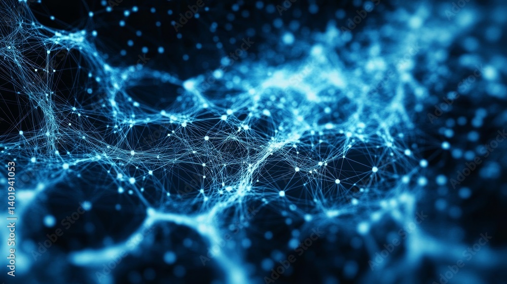 Poster abstract futuristic technology background with blue dots and lines forming neural network waves on d