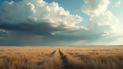 Fototapeta premium Vast open grassland under dramatic sky with sun rays breaking through clouds 