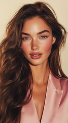 A close-up portrait photograph features a young woman with long, wavy brown hair. The image is sharply focused on her face, emphasizing her complexion, subtle makeup, and full lips. The lighting is
