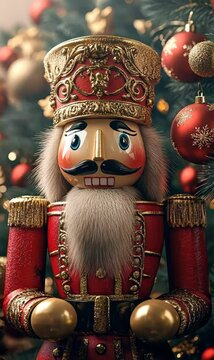 A beautifully detailed nutcracker figure, standing tall with vibrant festive colors, isolated background, 3D Blender style, close-up, with space for text
