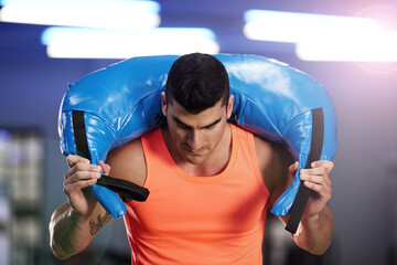 Fitness, bodybuilding and man with shoulder bag weight, exercise and strong muscle development....