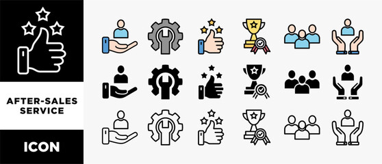 AFTER SALES SERVICE icon set with various styles and colors define goal, checklist, strengths weaknesses, motivation, qualification, support and success