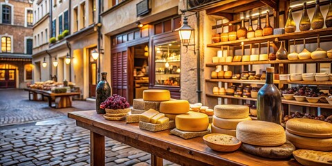 Elegant Wine and Cheese Shop in Bustling Town Square , cheese, interior,  cheese, interior, gourmet, town square