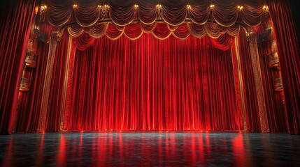 Opulent theater stage with red velvet curtains and gilded trim, set for a grand performance