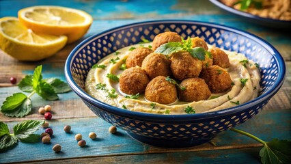 Crunchy falafel sits atop a bed of creamy hummus in a vibrant blue ceramic bowl, garnished with fresh parsley and lemon wedges , Middle Eastern, cuisine