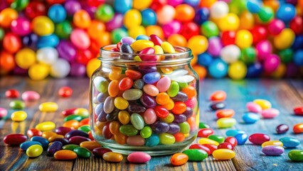 Colorful jelly beans overflowing from a glass jar with vibrant hues and swirling patterns, creating a whimsical and playful atmosphere, sweet treats, jelly beans