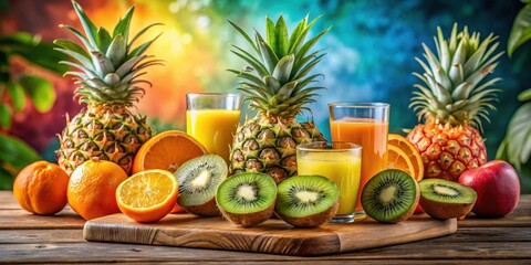Vibrant tropical fruits such as pineapples orange and kiwi arranged artfully on a wooden cutting board with a splash of colorful fruit juice in the background, kiwi, pineapple