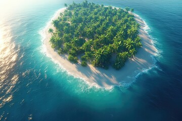 Tropical island surrounded by turquoise water, covered in lush trees. Sandy beaches line the perimeter