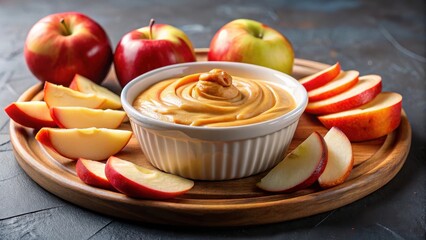 Crunchy apple slices served in a shallow bowl with a side of creamy peanut butter dip, fruit and cheese, healthy snack