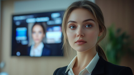 Obraz premium Close-up portrait of a young woman with light brown hair pulled back in a ponytail, wearing a dark blazer over a white collared shirt. She has a neutral, serious expression and is looking directly