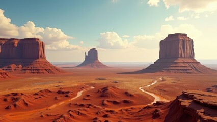 Desert valley with sandstone mesas and winding trail at golden sunset	