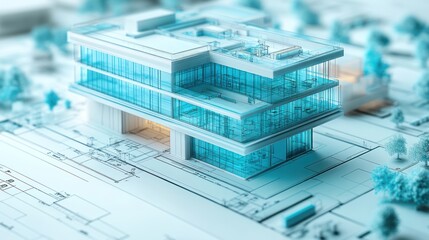 Architectural Model: Modern Glass Building Design on Blueprint