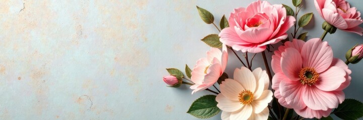 Vintage-inspired artificial flower arrangement on a wall with pastel colors , romantic, soft