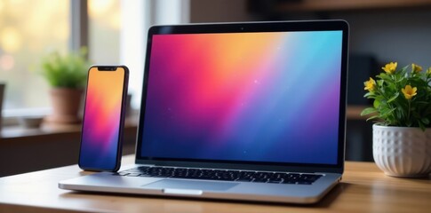 A laptop and smartphone mockup of browser windows side by side, empty screens, laptop mockup