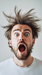 A close-up, high-resolution digital painting or illustration depicting a male face with a strong expression of astonishment or shock. The subject's eyes are wide open, mouth agape, and hair is