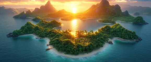 Tropical islands basking in the warm glow of a setting sun. Lush greenery and pristine beaches
