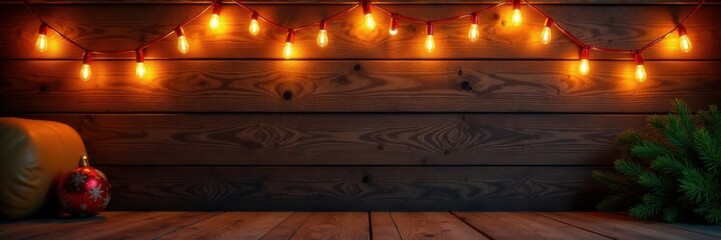 Warm Christmas lights adorn a wooden wall, casting festive glow on the surroundings, Evergreen Branches, Wooden Wall, Lights