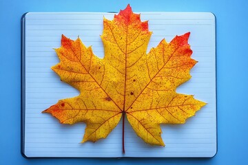 A colorful maple leaf is centered on lined notebook paper against a solid light blue backdrop