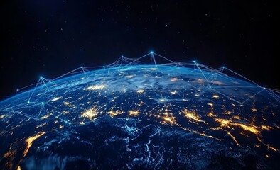 Earth from Space with Glowing City Lights and Global Network Connections, Symbolizing Global Connectivity