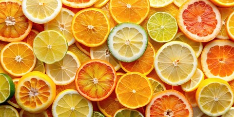 Obraz premium top view of sliced oranges and lemons creating a colorful background rich in Vitamin C