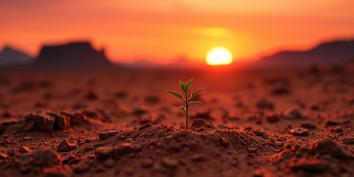 Tiny sprout emerges from Martian soil at sunset, red sky backdrop, seedling, artwork