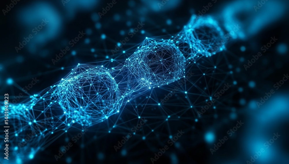 Poster close-up digital illustration of blue chain links representing blockchain technology on dark backgro