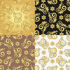 Vector illustration set of golden gradient seamless floral pattern. 4 floral organic background with flowers and vintage curls on black, golden, brown and white. 