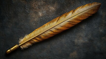 Golden feather quill on dark surface