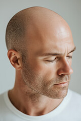 The image is a tightly cropped, close-up profile view of a man's face. His eyes are closed, and his expression is neutral and serene. The lighting is soft and even, highlighting the texture of his