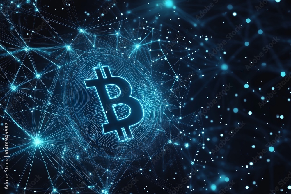 Poster futuristic bitcoin logo with blue glowing lines and geometric shapes on dark background, abstract ve