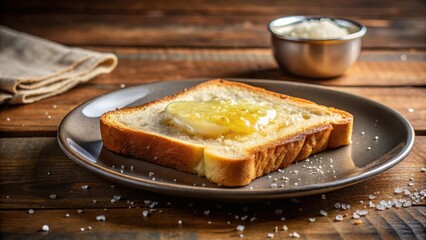 A slice of warm bread with melted butter and a sprinkle of sea salt is being placed on a plate, ready for consumption, illuminated by soft natural light , lunch, slice of bread