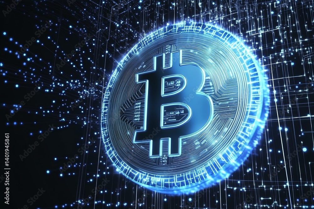 Poster futuristic bitcoin logo with blue glowing lines and geometric shapes on dark background, abstract ve