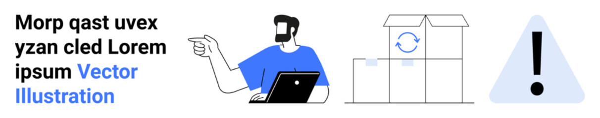 Man with laptop pointing, cardboard box with recycling symbol, caution triangle. Ideal for sustainability, recycling, e-commerce, warnings, eco initiatives, awareness campaigns flat landing page