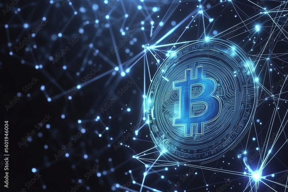 Poster futuristic bitcoin logo with blue glowing lines and geometric shapes on dark background, abstract ve